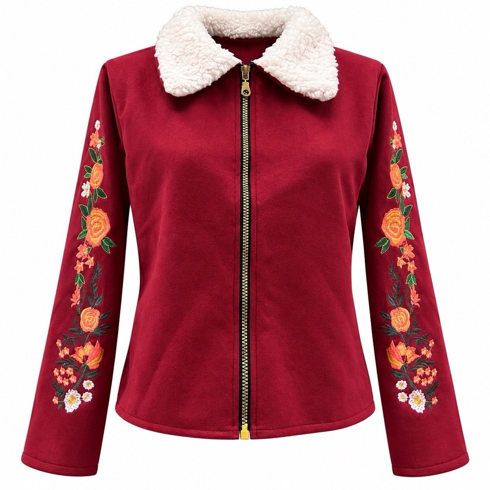 Red Jacket Womens Floral Embroidered Faux Fur Collar Zip Up Coat Red Size S
